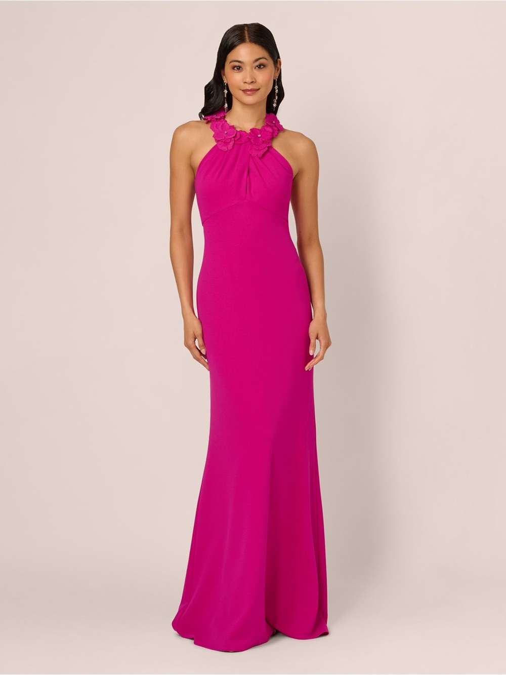 Floral Embellished Crossover Halter Gown In Pink Flambe Like New Size 8/PTP 18